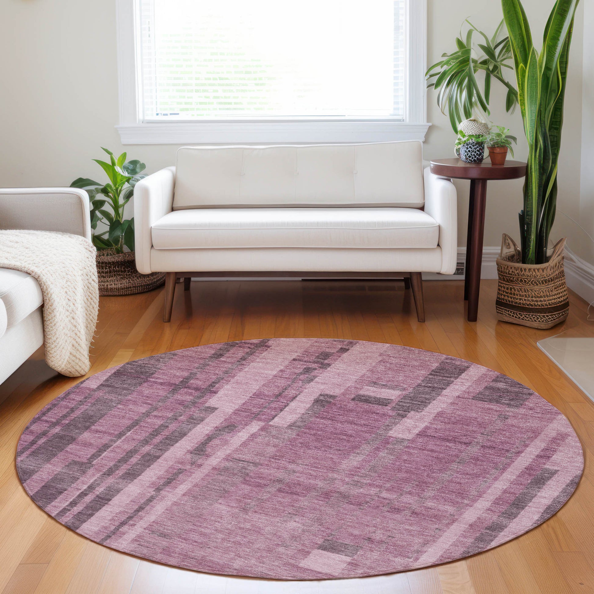 8' Blush And Brown Round Striped Washable Indoor Outdoor Area Rug-6