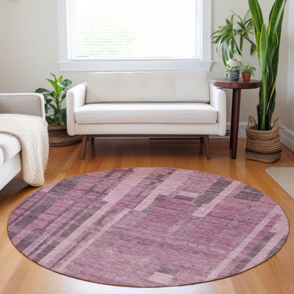 8' Blush And Brown Round Striped Washable Indoor Outdoor Area Rug-6
