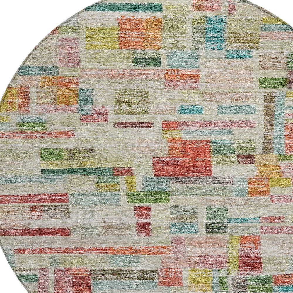 8' Terra Cotta Green And Brown Round Striped Washable Indoor Outdoor Area Rug-3