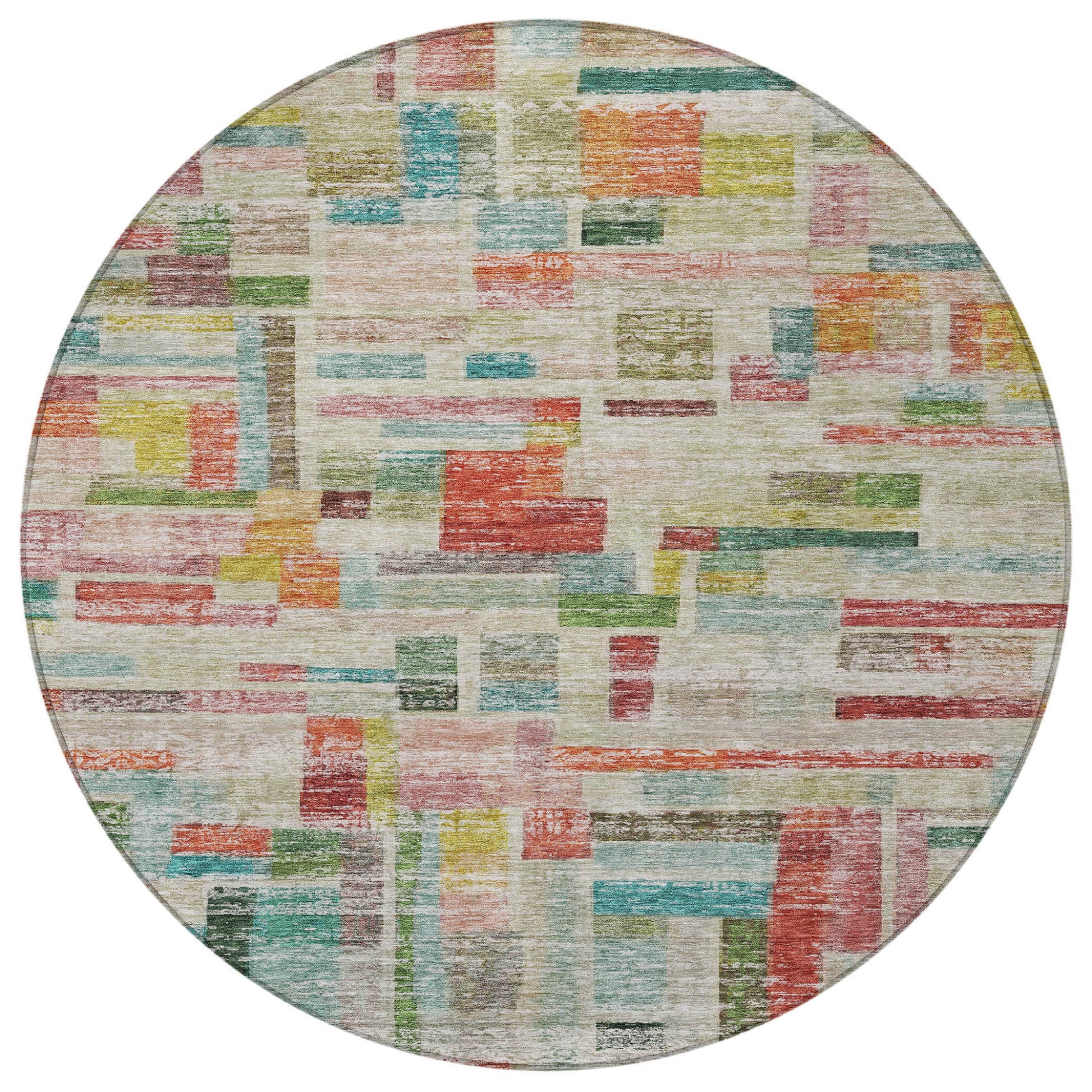 8' Terra Cotta Green And Brown Round Striped Washable Indoor Outdoor Area Rug-5