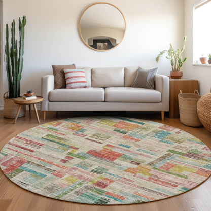 8' Terra Cotta Green And Brown Round Striped Washable Indoor Outdoor Area Rug-7