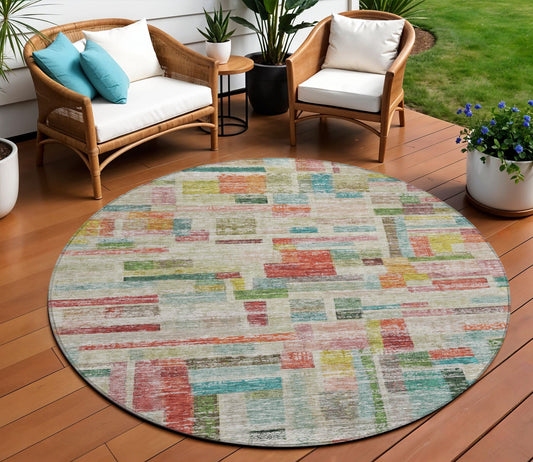 8' Terra Cotta Green And Brown Round Striped Washable Indoor Outdoor Area Rug-0