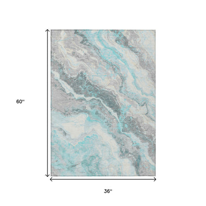 3' X 5' Teal Blue And Silver Abstract Washable Indoor Outdoor Area Rug-2