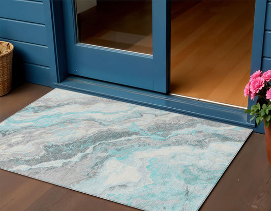 3' X 5' Teal Blue And Silver Abstract Washable Indoor Outdoor Area Rug-0