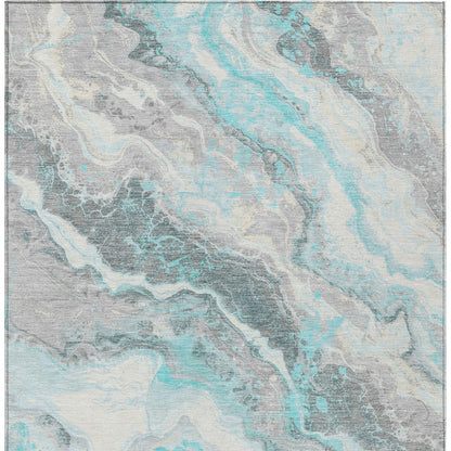 3' X 5' Teal Blue And Silver Abstract Washable Indoor Outdoor Area Rug-5