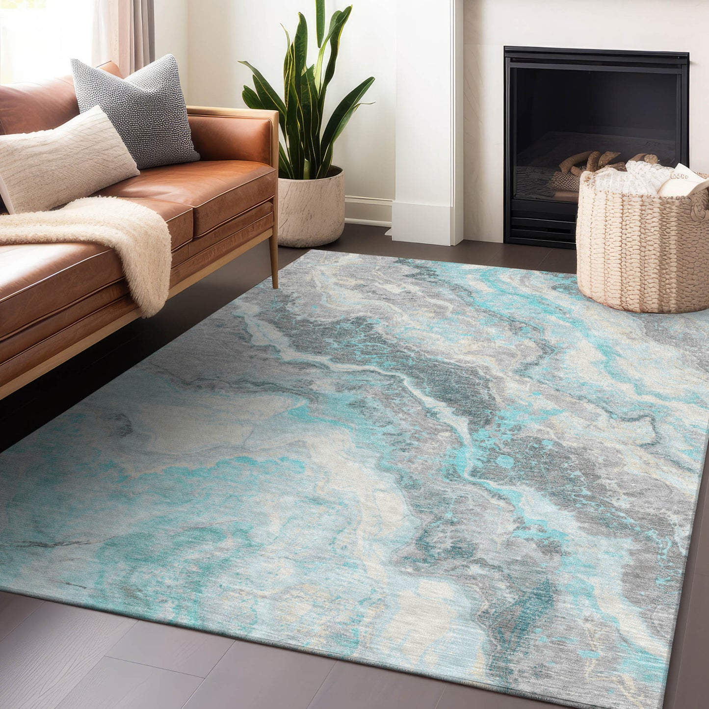 3' X 5' Teal Blue And Silver Abstract Washable Indoor Outdoor Area Rug-8
