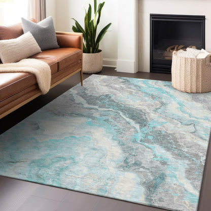 3' X 5' Teal Blue And Silver Abstract Washable Indoor Outdoor Area Rug-8