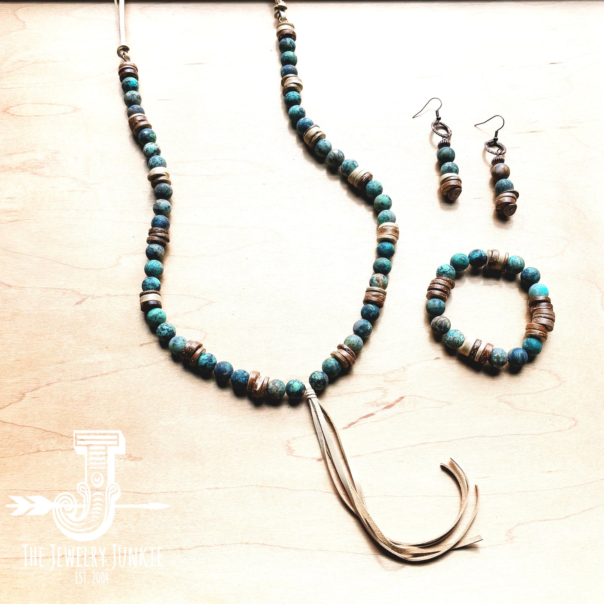 Frosted African Turquoise and Wood Earrings (220d)-1