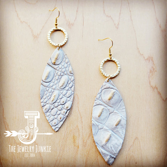 Narrow Leather Oval Earrings White & Gold Gator w/ Matte Gold Hoop 210x-0
