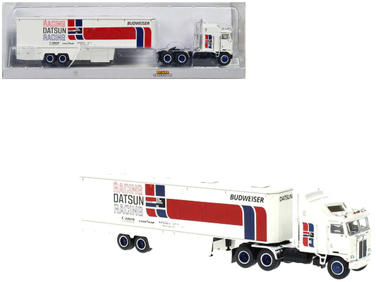 1980 Kenworth K-100 COE Aerodyne Transporter White "Datsun Racing" 1/87 (HO) Scale Model Car by Brekina-0