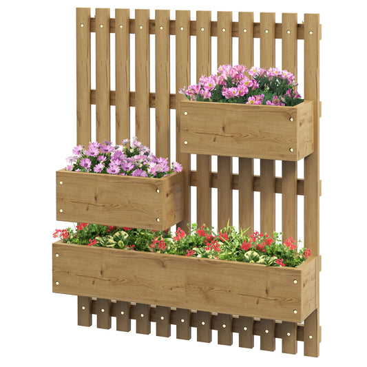 Wall-mounted Wooden Garden Planters with Trellis, Drainage Holes and 3 Planter Boxes for Patio, Carbonised-0