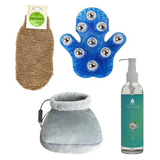 Weekend Wellness Bundle: Palm Massage Glove, Heated Foot Massager, Coconut Oil & Exfoliating Bath Glove-0