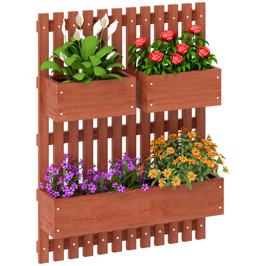 Wall-mounted Wooden Garden Planters with Trellis, Drainage Holes and 3 Planter Boxes for Patio, Brown-0