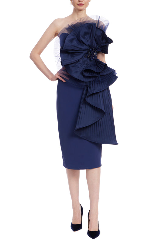 Badgley Mischka Pleated Pinwheel Ruffle Drape Sleeveless Midi Dress-0