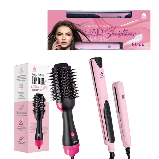 Hair Styling Power Bundle: One Step Hair Dryer & Volumizer Brush + Professional Salon Quality Flat Iron Hair Straightener With Free Travel Straightener-0