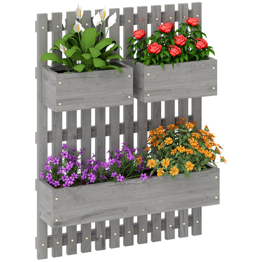 Wall-mounted Wooden Garden Planters with Trellis, Drainage Holes and 3 Planter Boxes for Patio, Grey-0