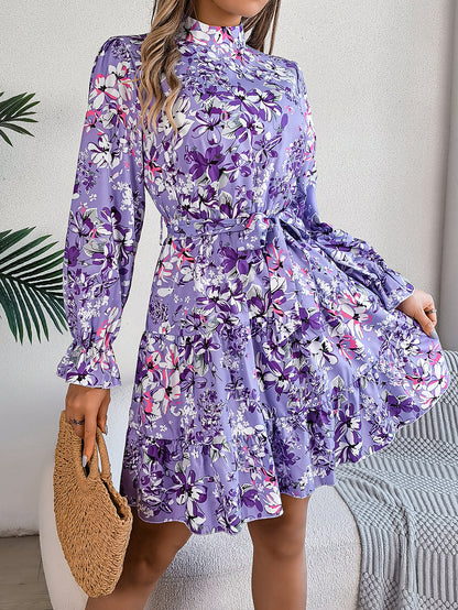 Stand Collar Flower Waist-controlled Long Sleeves Ruffled A-line Dress