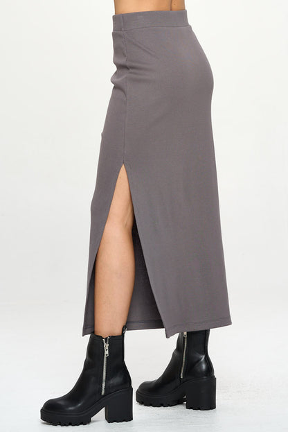 Rib Knit Midi Skirt with Slit-2