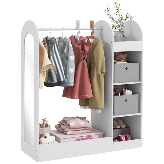 Kids Clothes Rail with Storage Shelf, Boxes, Mirror for Bedroom, Nursery, White-0