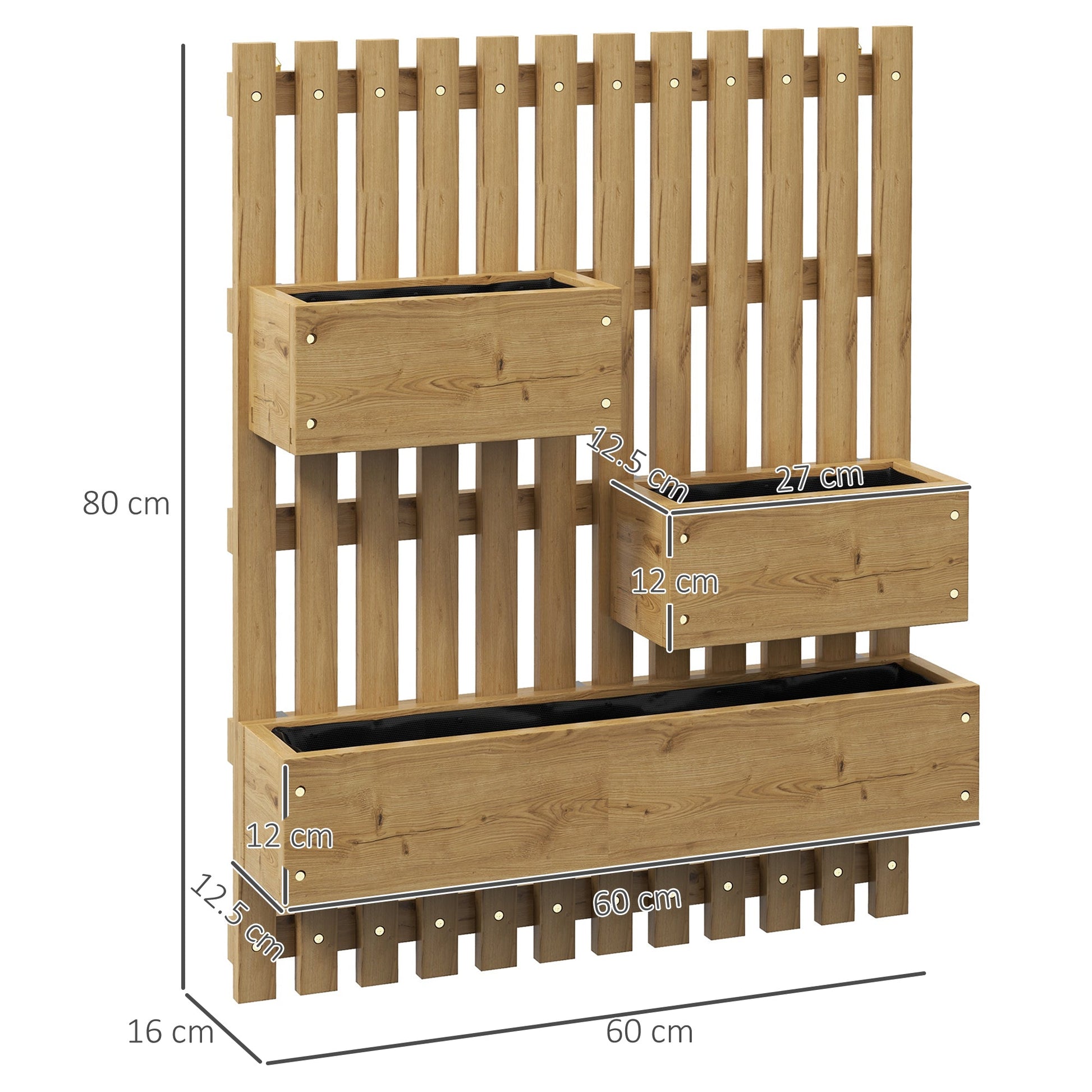 Wall-mounted Wooden Garden Planters with Trellis, Drainage Holes and 3 Planter Boxes for Patio, Carbonised-2